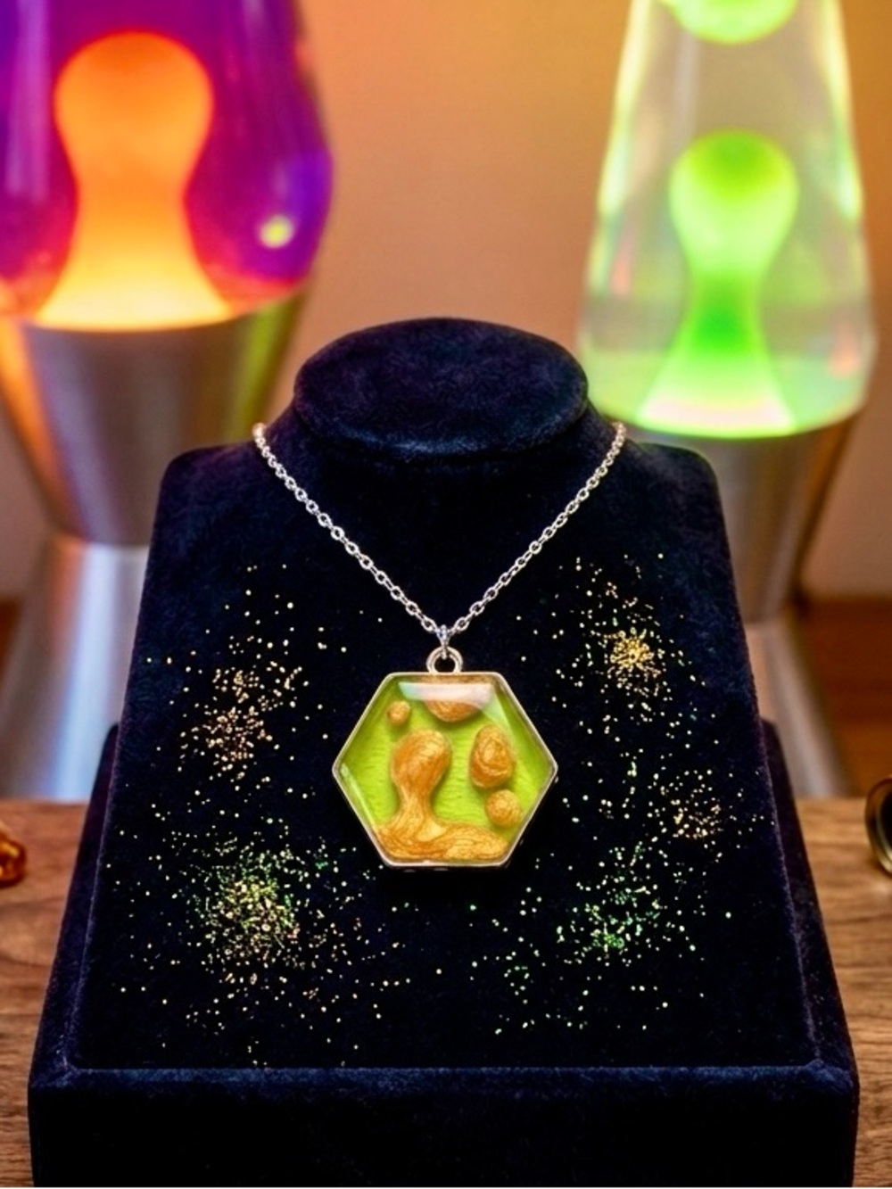 Handcrafted Green & Gold Lava Lamp Style Pendant Necklace - Women Jewelry